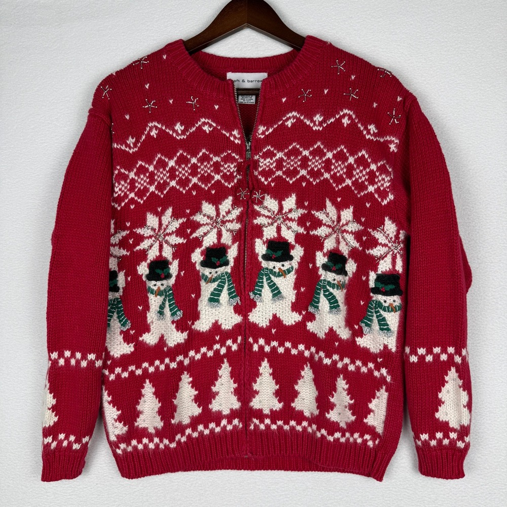 Croft & Barrow Full Zip Christmas Sweater Womens S Knit Snowman Beaded Snowflake